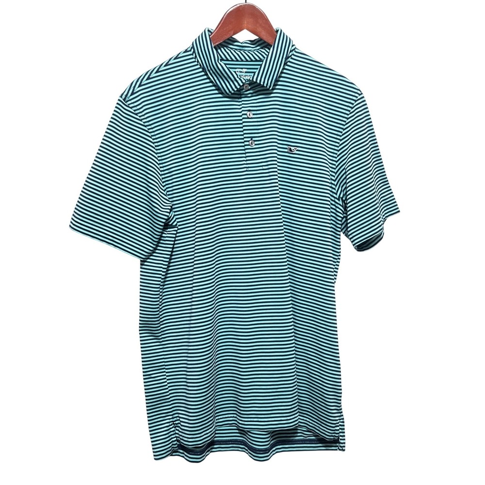 Vineyard Vines Men Preppy Coastal Polo M Teal Striped Golf Performance Stretch